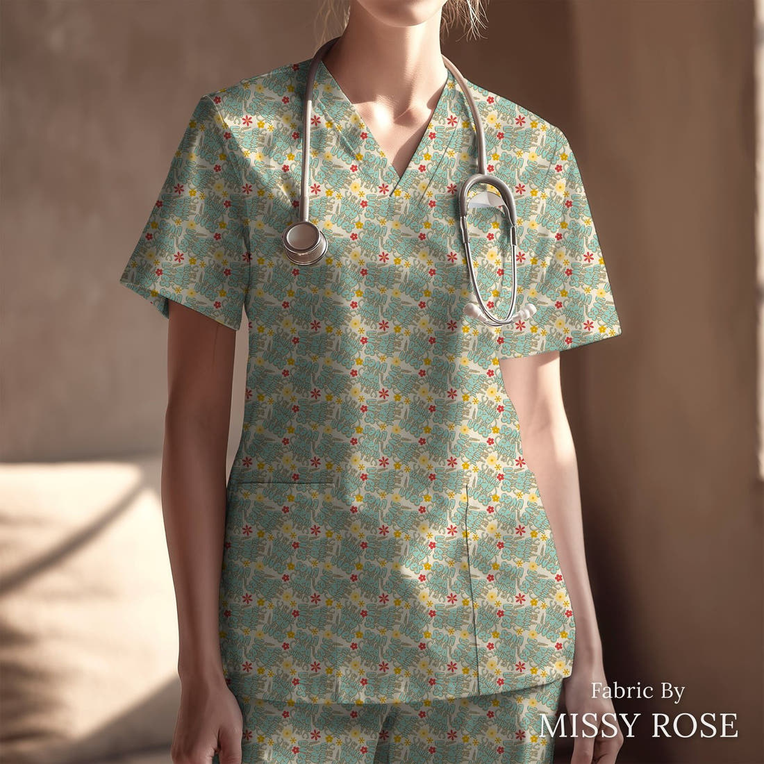Design 317 Save Lives Fabric sewn into a scrubs top – see how the print looks made up | Fabric by Missy Rose