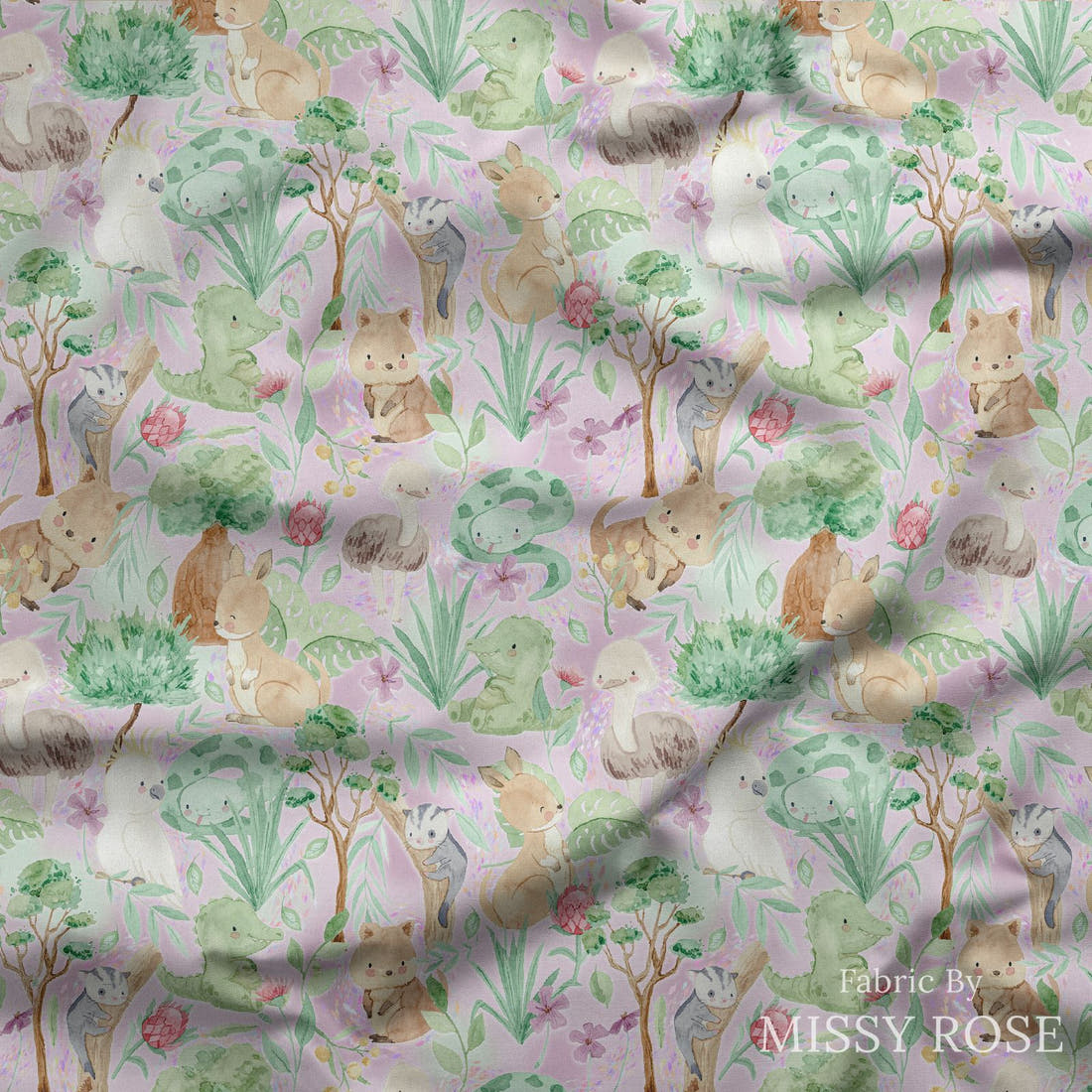 Design 318 Aussie Animals Fabric draped fabric mockup – custom printed fabric by the metre | Fabric by Missy Rose