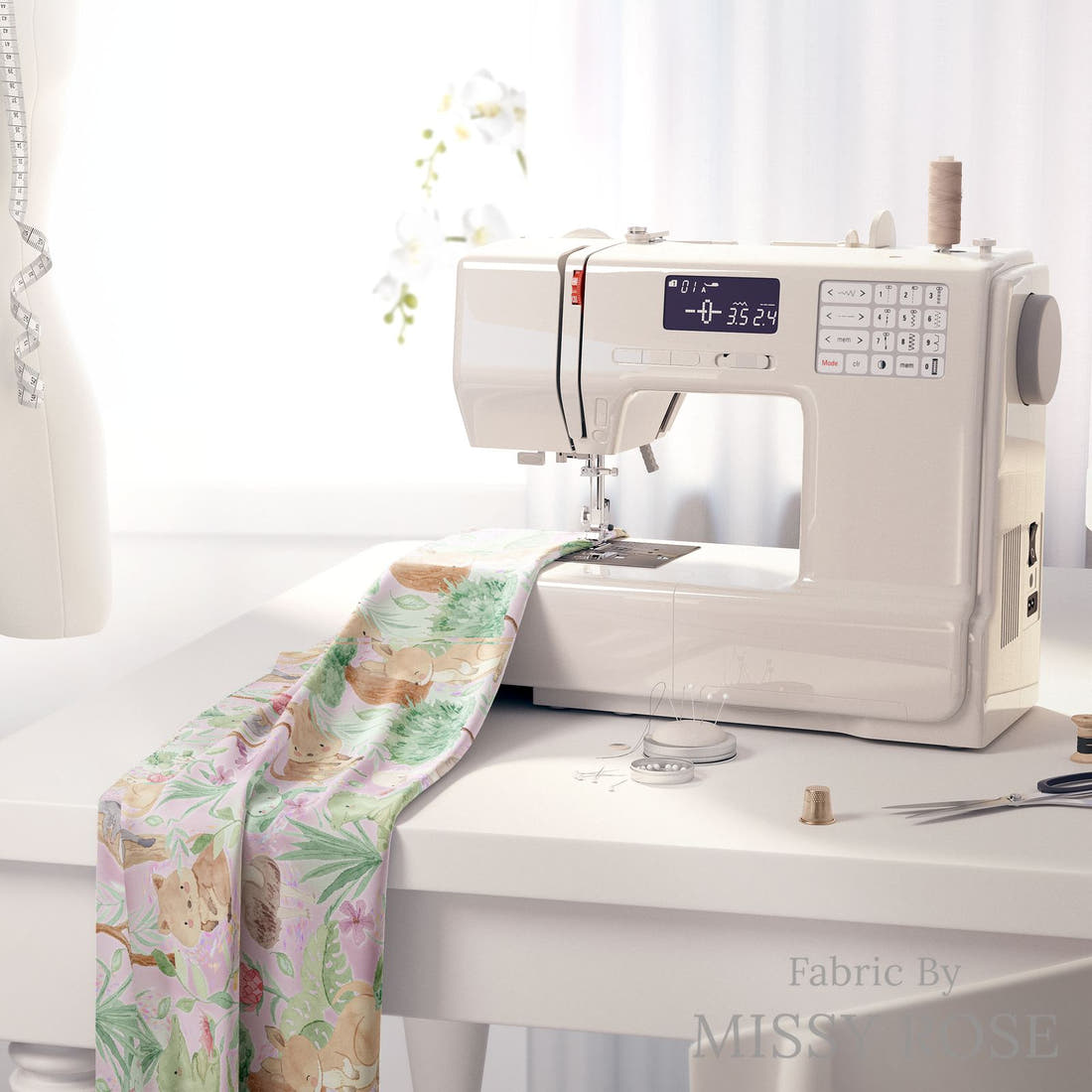 Design 318 Aussie Animals Fabric on a sewing machine – premium fabric for sewing projects | Fabric by Missy Rose