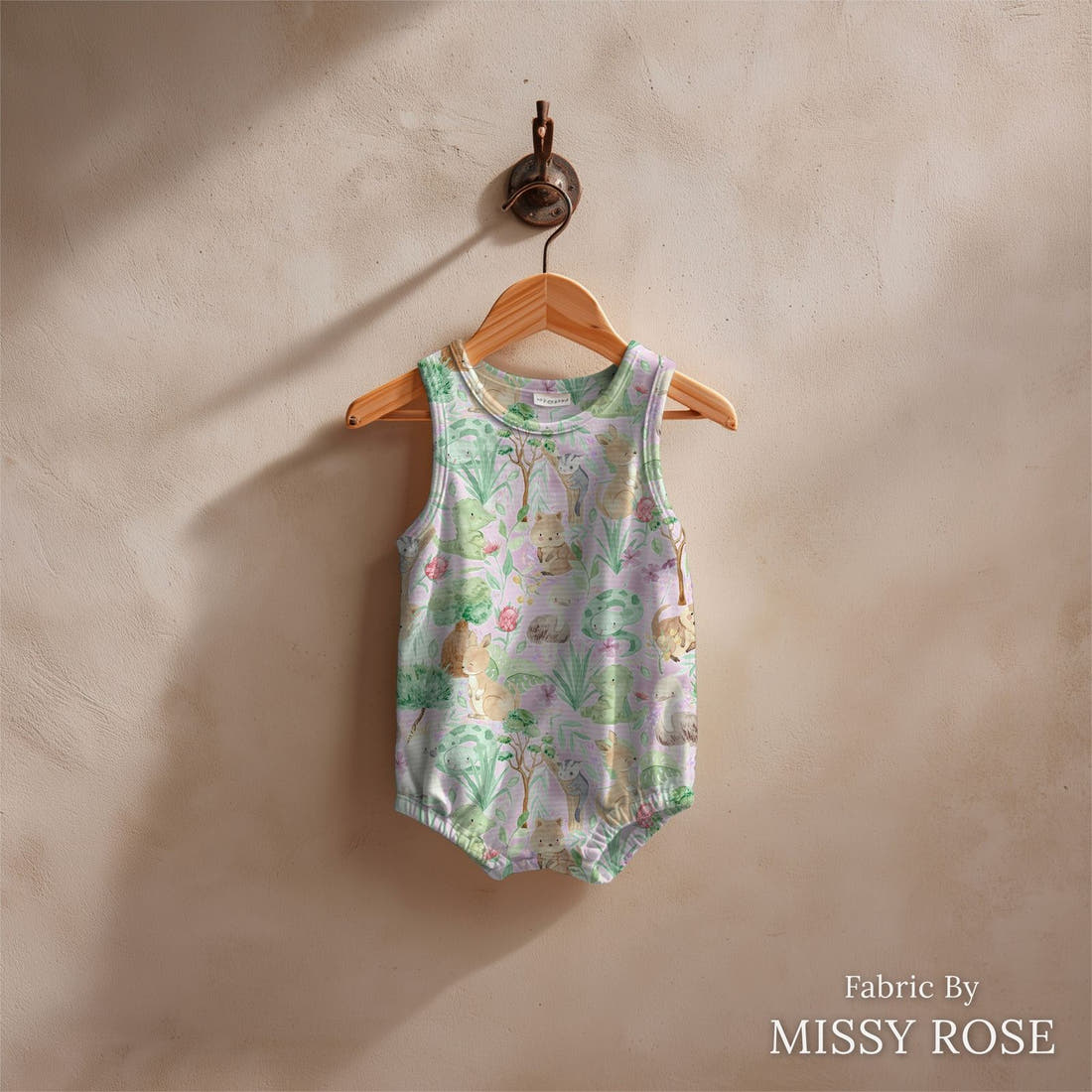 Design 318 Aussie Animals Fabric sewn into a baby romper – see how the print looks made up | Fabric by Missy Rose
