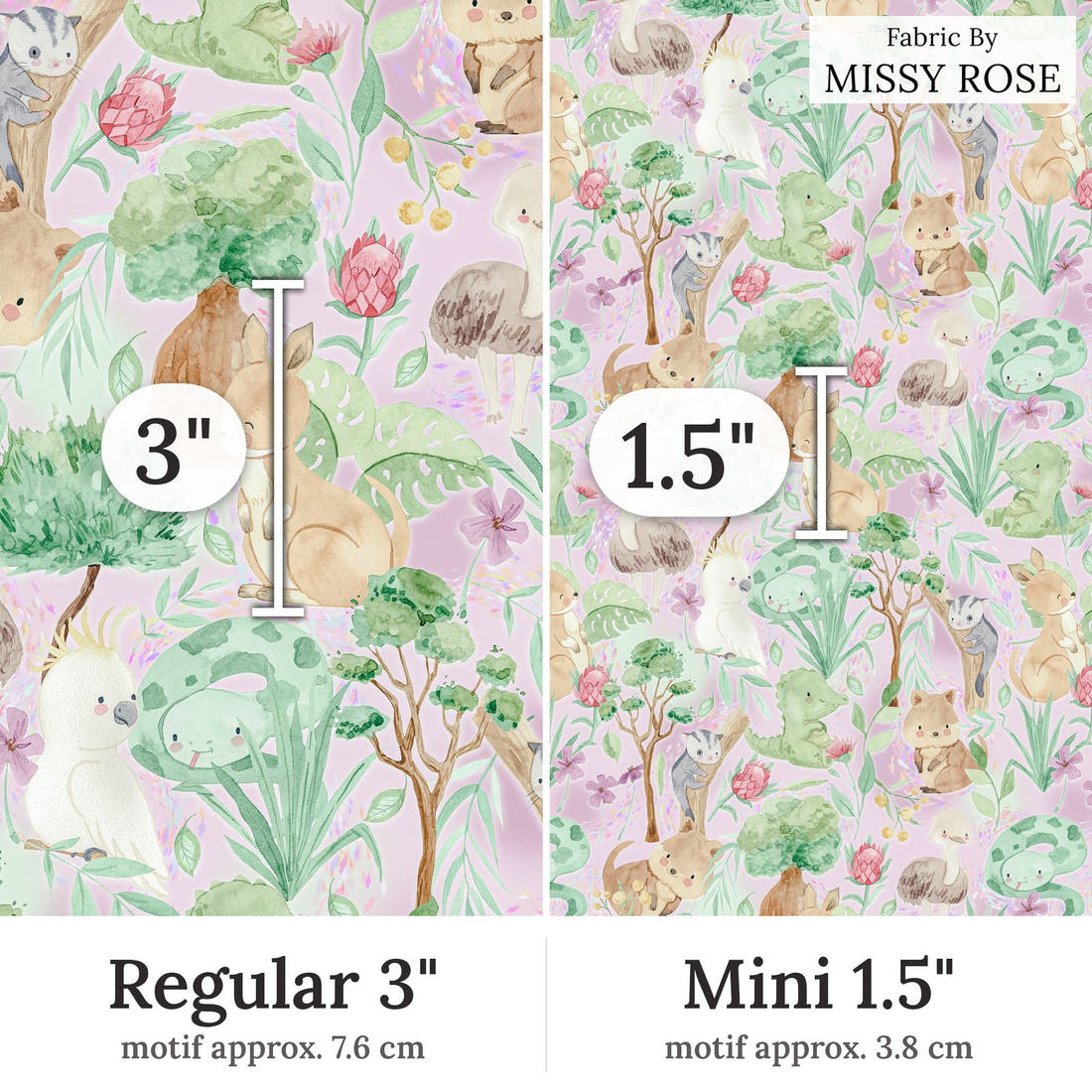 Design 318 Aussie Animals Fabric Regular 3 inch vs Mini 1.5 inch print scale side by side | Fabric by Missy Rose