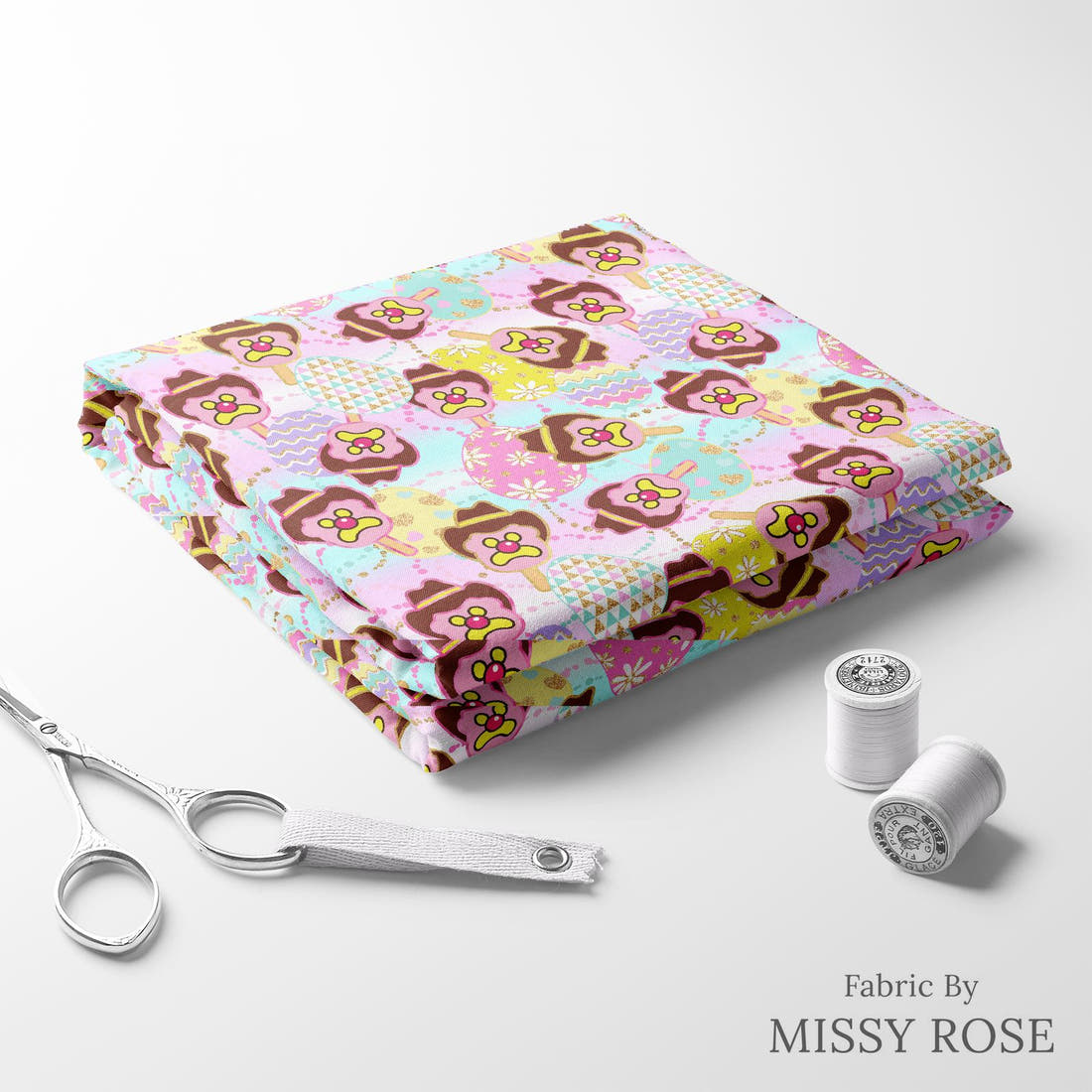 Design 319 Easter Ice Cream Fabric folded fabric stack with matching thread – pre-order fabric Australia | Fabric by Missy Rose