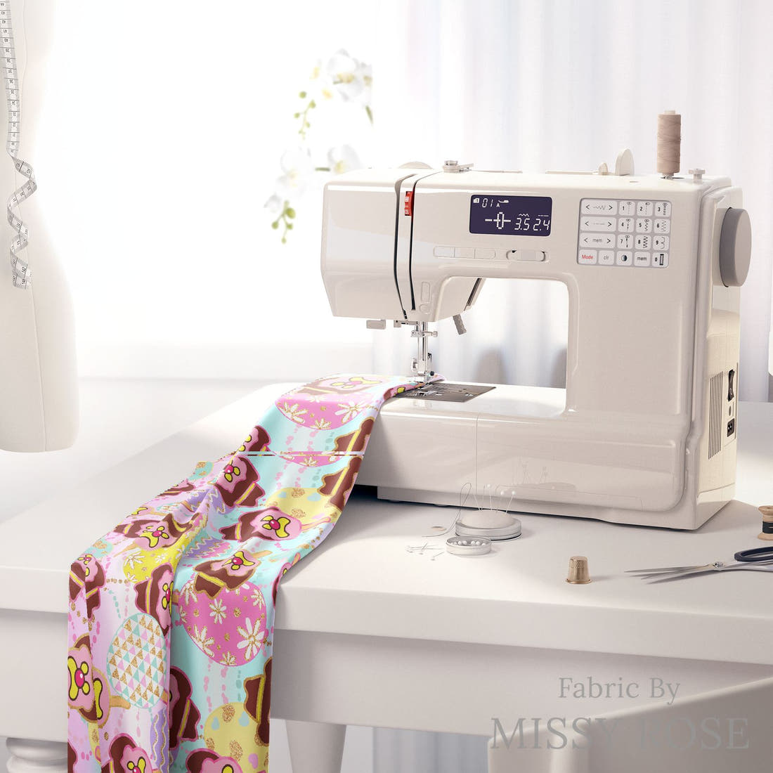 Design 319 Easter Ice Cream Fabric on a sewing machine – premium fabric for sewing projects | Fabric by Missy Rose