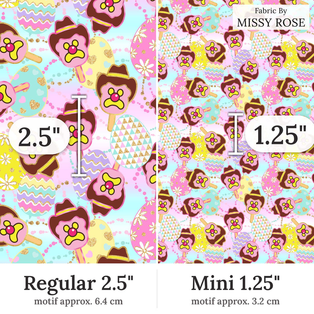 Design 319 Easter Ice Cream Fabric Regular 2.5 inch vs Mini 1.25 inch print scale side by side | Fabric by Missy Rose