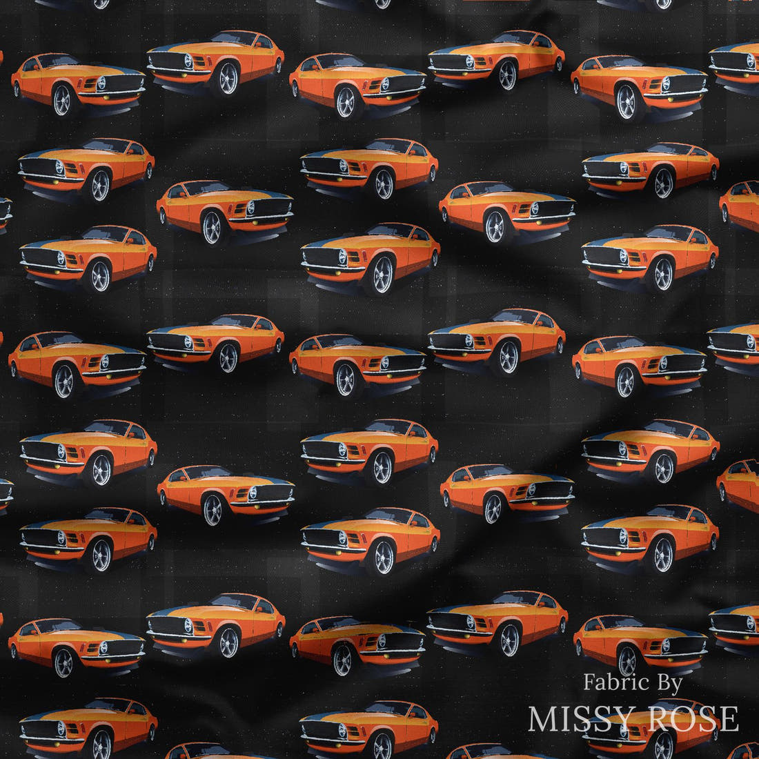 Design 32 Orange Car Fabric draped fabric mockup – custom printed fabric by the metre | Fabric by Missy Rose