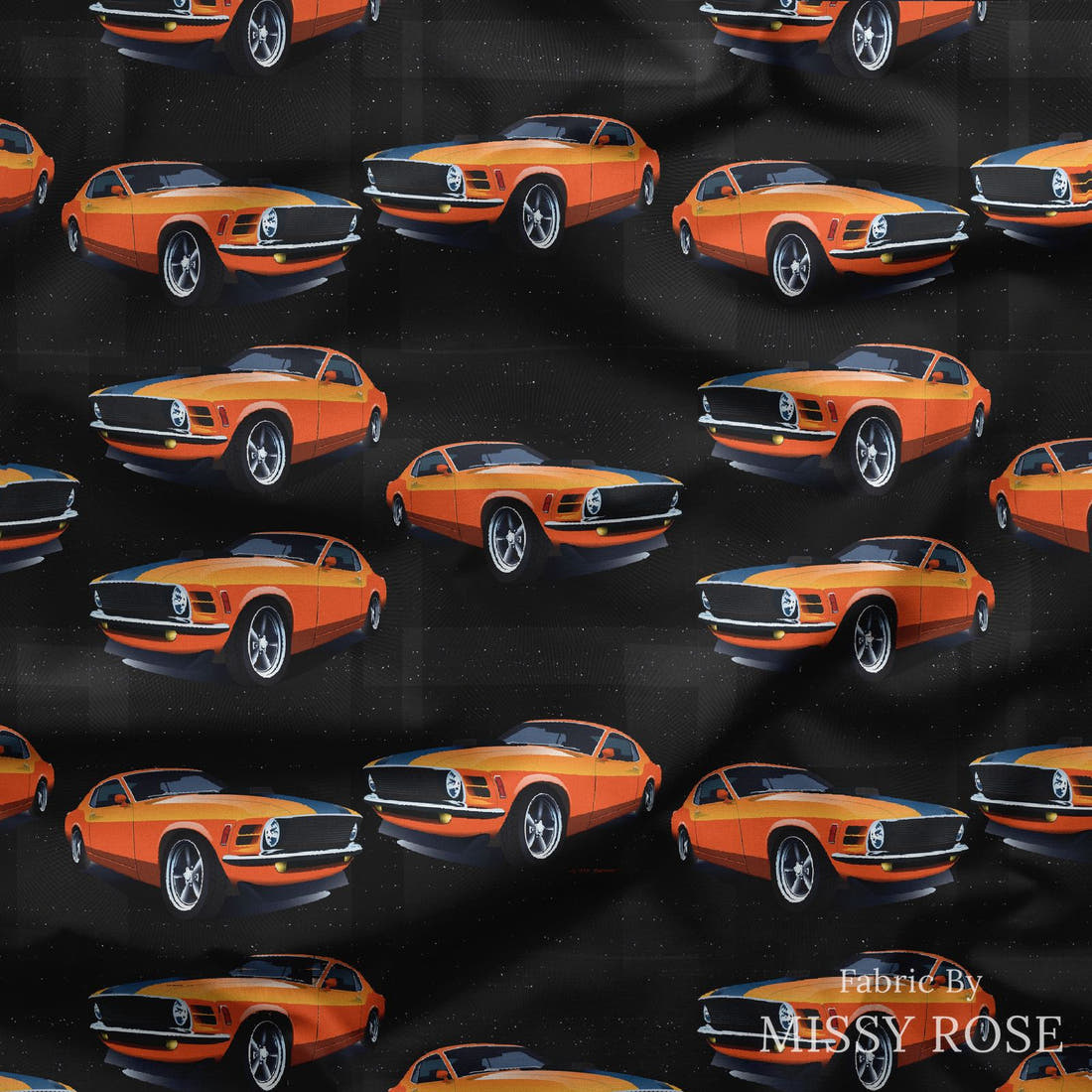 Design 32 Orange Car Fabric draped fabric mockup – custom printed fabric by the metre | Fabric by Missy Rose