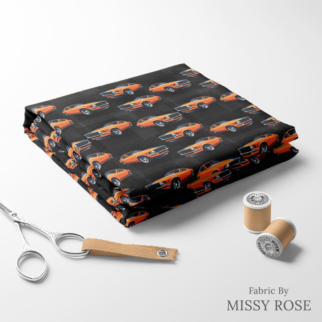 Design 32 Orange Car Fabric folded fabric stack with matching thread – pre-order fabric Australia | Fabric by Missy Rose