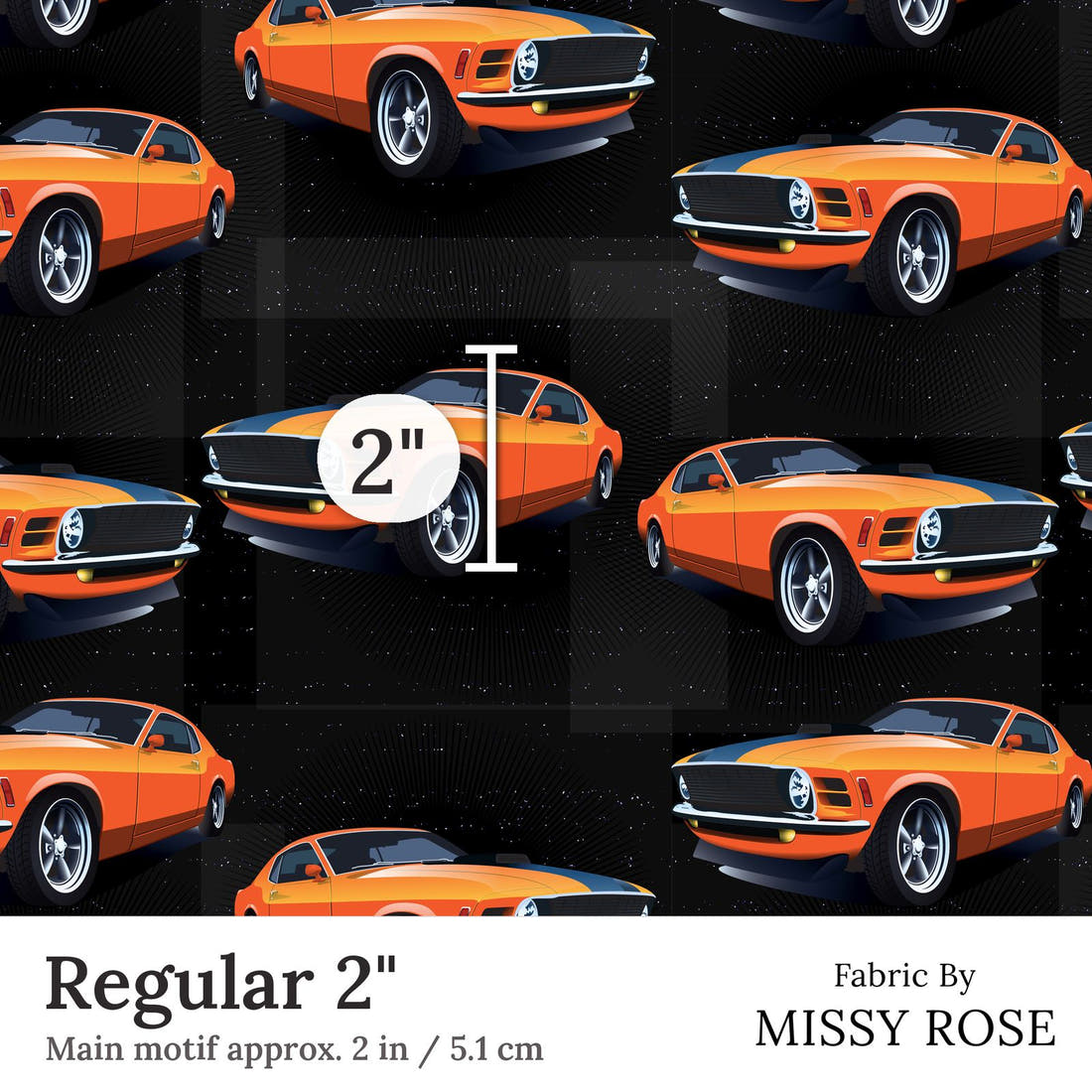 Design 32 Orange Car Fabric Regular 2 inch print scale guide | Fabric by Missy Rose