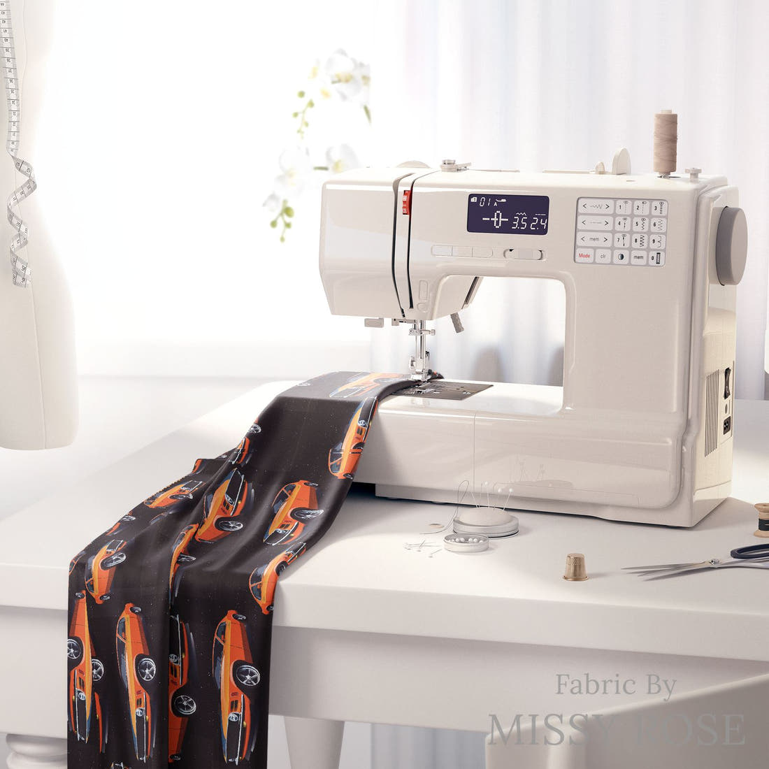 Design 32 Orange Car Fabric on a sewing machine – premium fabric for sewing projects | Fabric by Missy Rose
