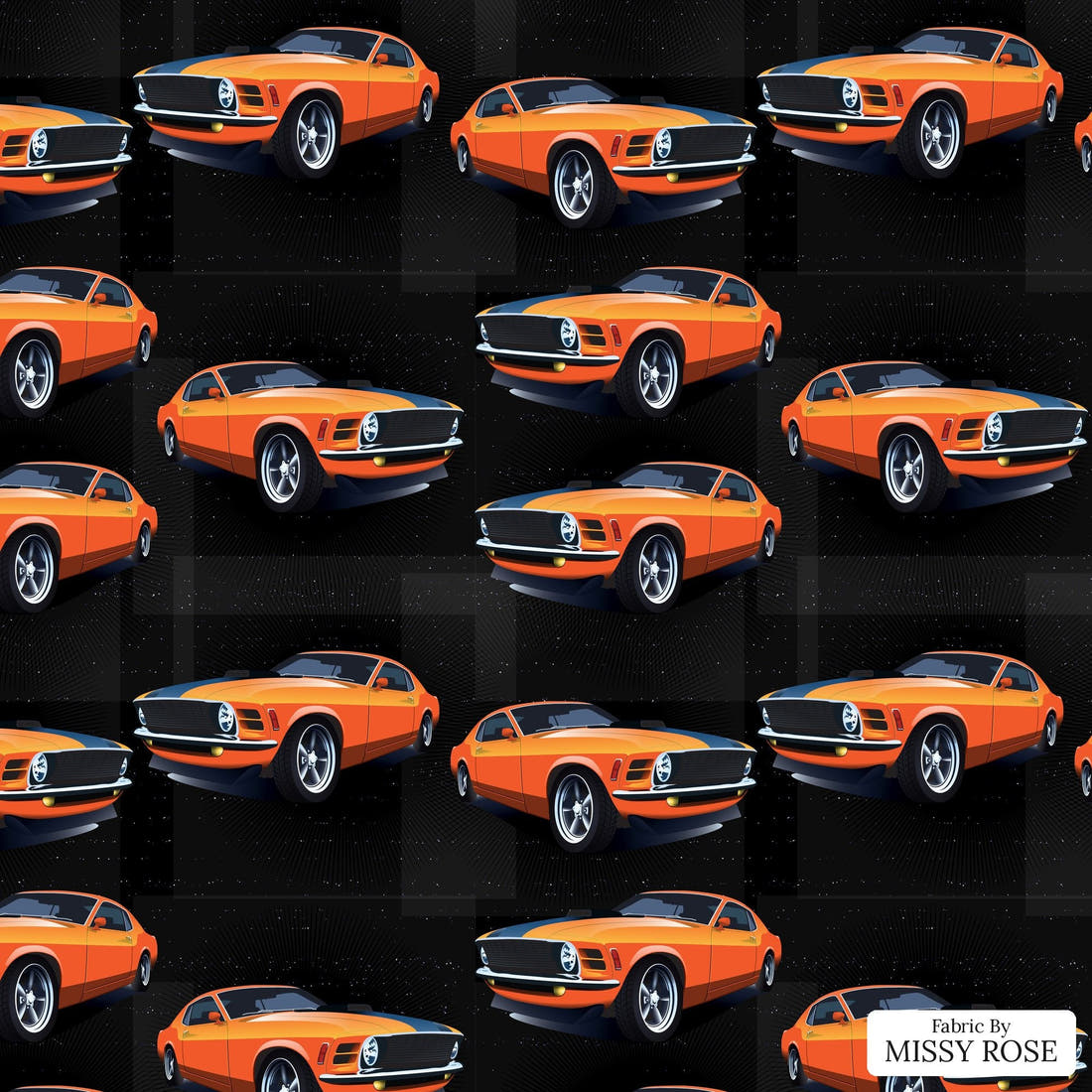 Design 32 Orange Car Fabric - flat view of the print, zoom in for detail | Fabric by Missy Rose