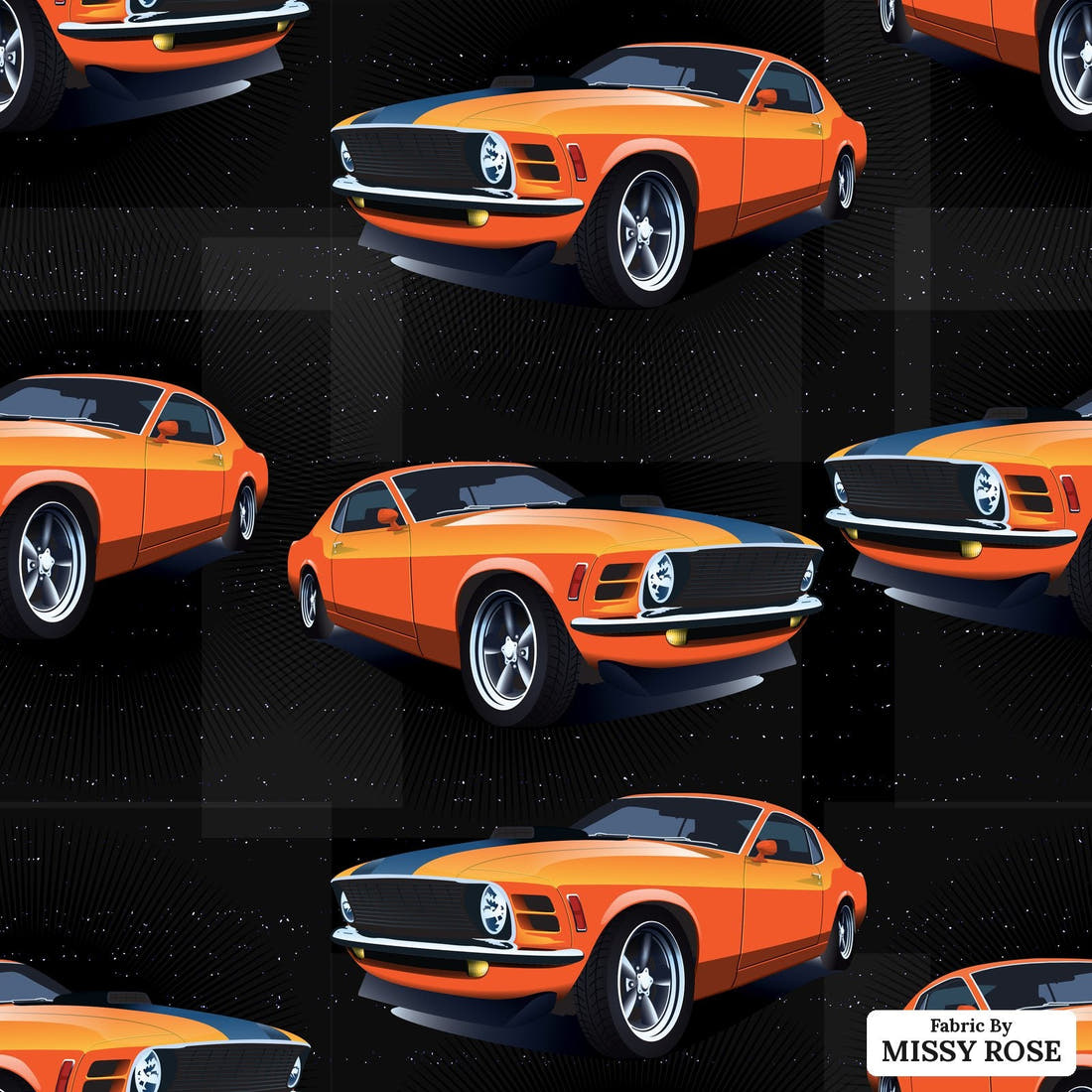 Design 32 Orange Car Fabric - flat view of the print, zoom in for detail | Fabric by Missy Rose
