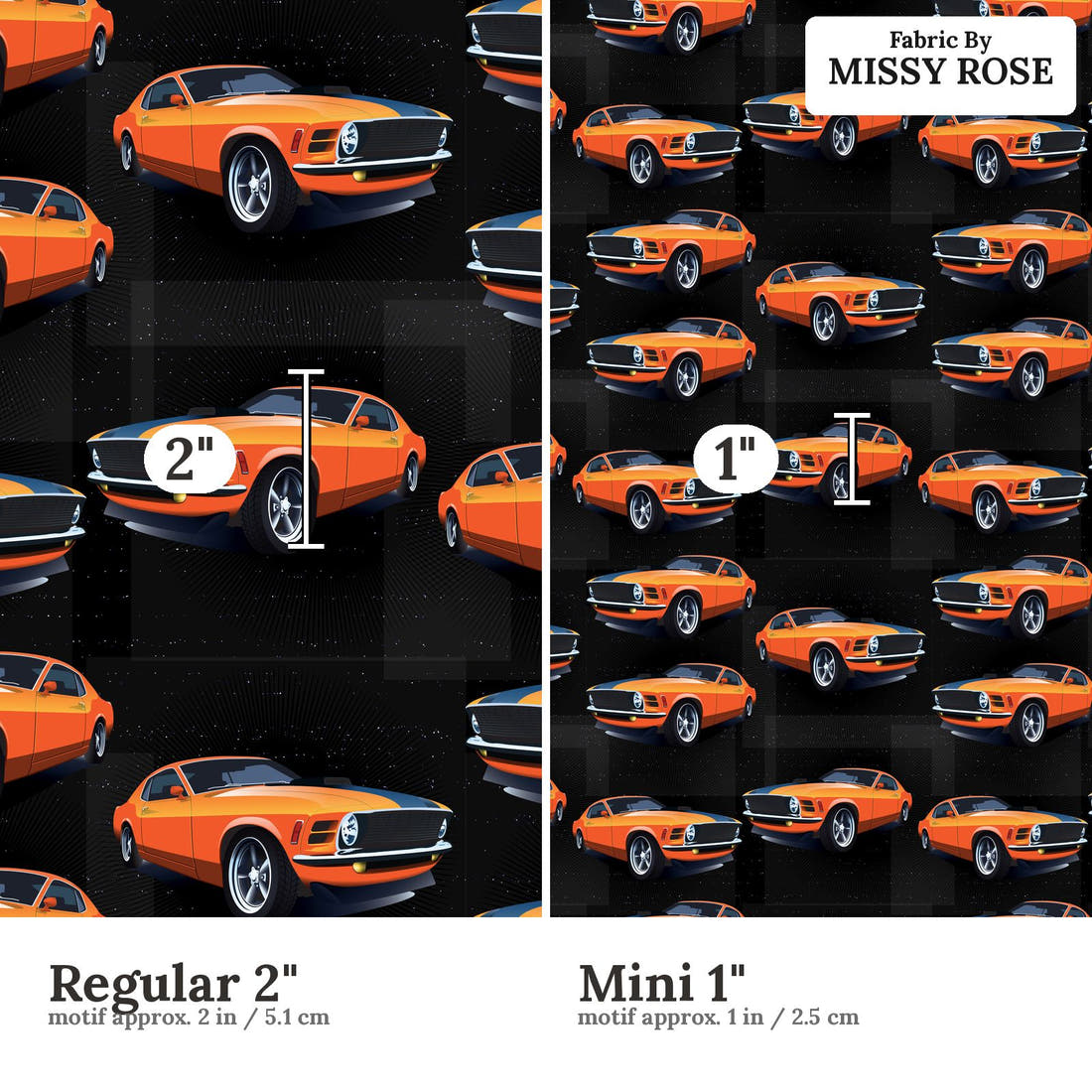 Design 32 Orange Car Fabric size comparison - print scale | Fabric by Missy Rose
