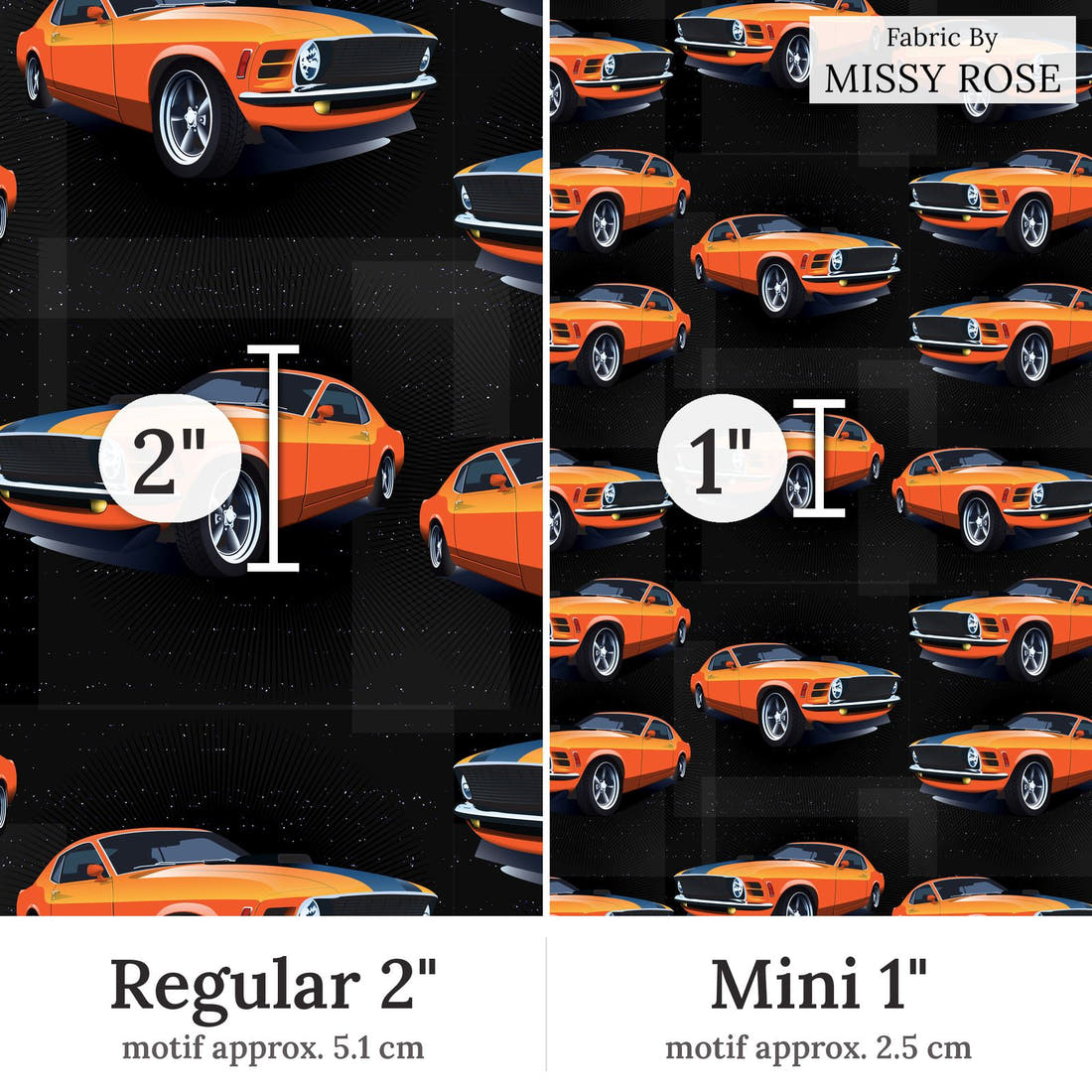 Design 32 Orange Car Fabric Regular 2 inch vs Mini 1 inch print scale side by side | Fabric by Missy Rose