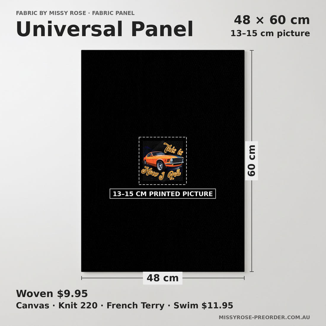 Design 32 Orange Car Panel universal panel sizing – 13–15 cm printed picture on 48 × 60 cm fabric | Fabric by Missy Rose