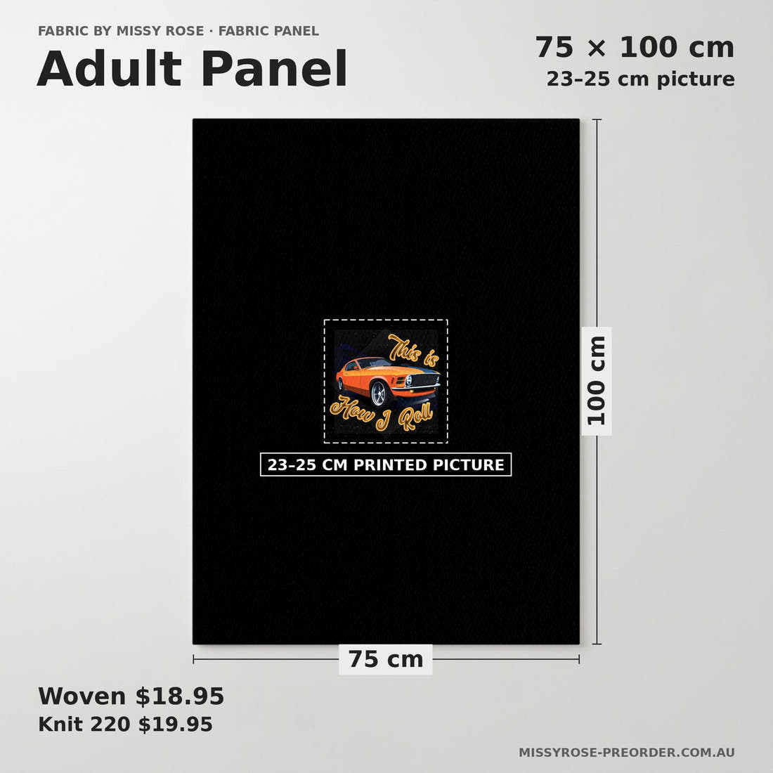 Design 32 Orange Car Panel adult panel sizing – 23–25 cm printed picture on 75 × 100 cm fabric | Fabric by Missy Rose