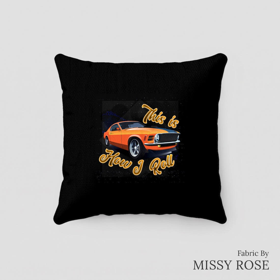 Design 32 Orange Car Panel sewn into a cushion – see how the panel looks made up | Fabric by Missy Rose