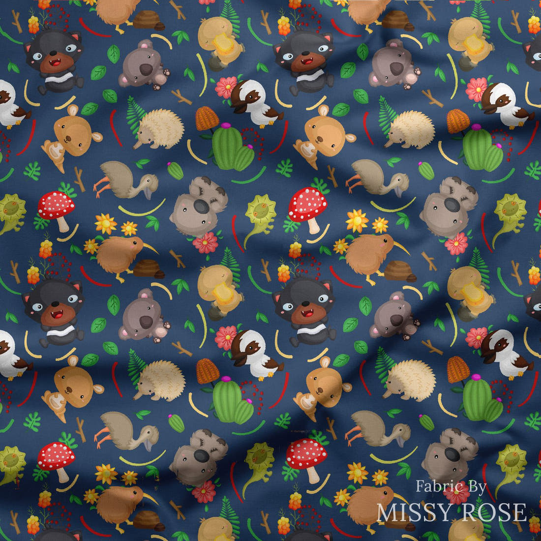 Design 320 Navy Australian Animals Fabric draped fabric mockup – custom printed fabric by the metre | Fabric by Missy Rose
