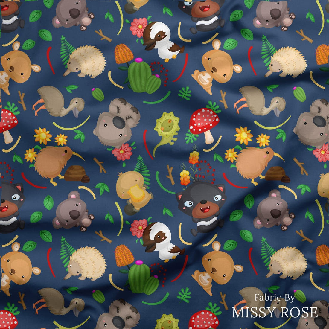 Design 320 Navy Australian Animals Fabric draped fabric mockup – custom printed fabric by the metre | Fabric by Missy Rose