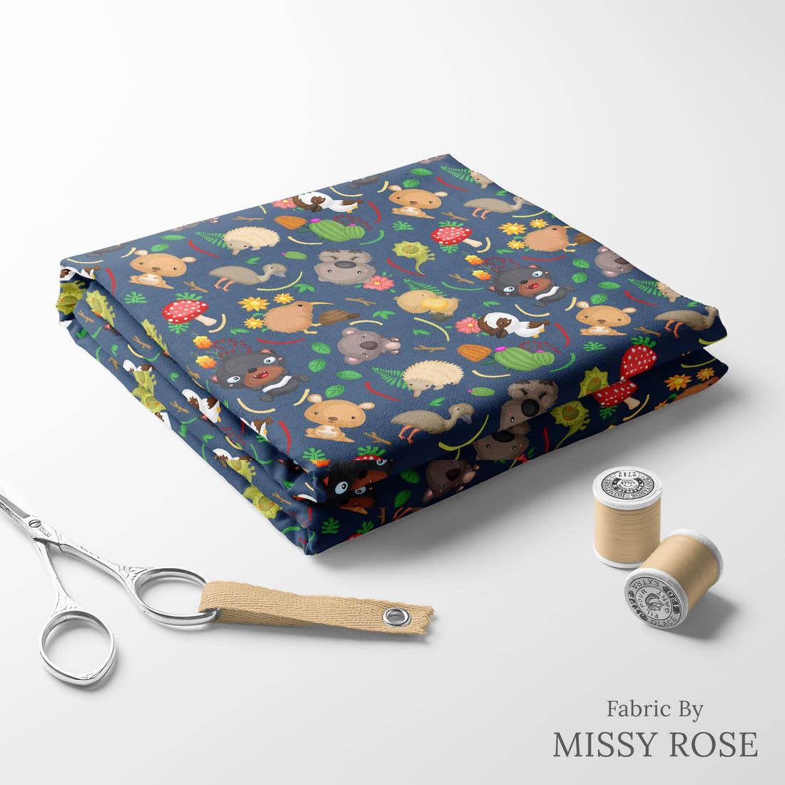 Design 320 Navy Australian Animals Fabric folded fabric stack with matching thread – pre-order fabric Australia | Fabric by Missy Rose