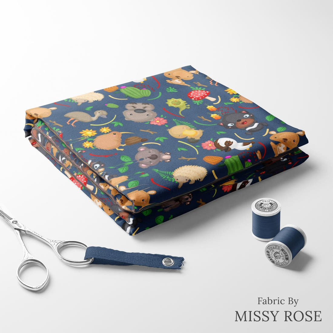 Design 320 Navy Australian Animals Fabric folded fabric stack with matching thread – pre-order fabric Australia | Fabric by Missy Rose