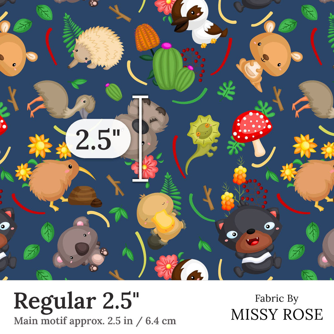 Design 320 Navy Australian Animals Fabric Regular 2.5 inch print scale guide | Fabric by Missy Rose
