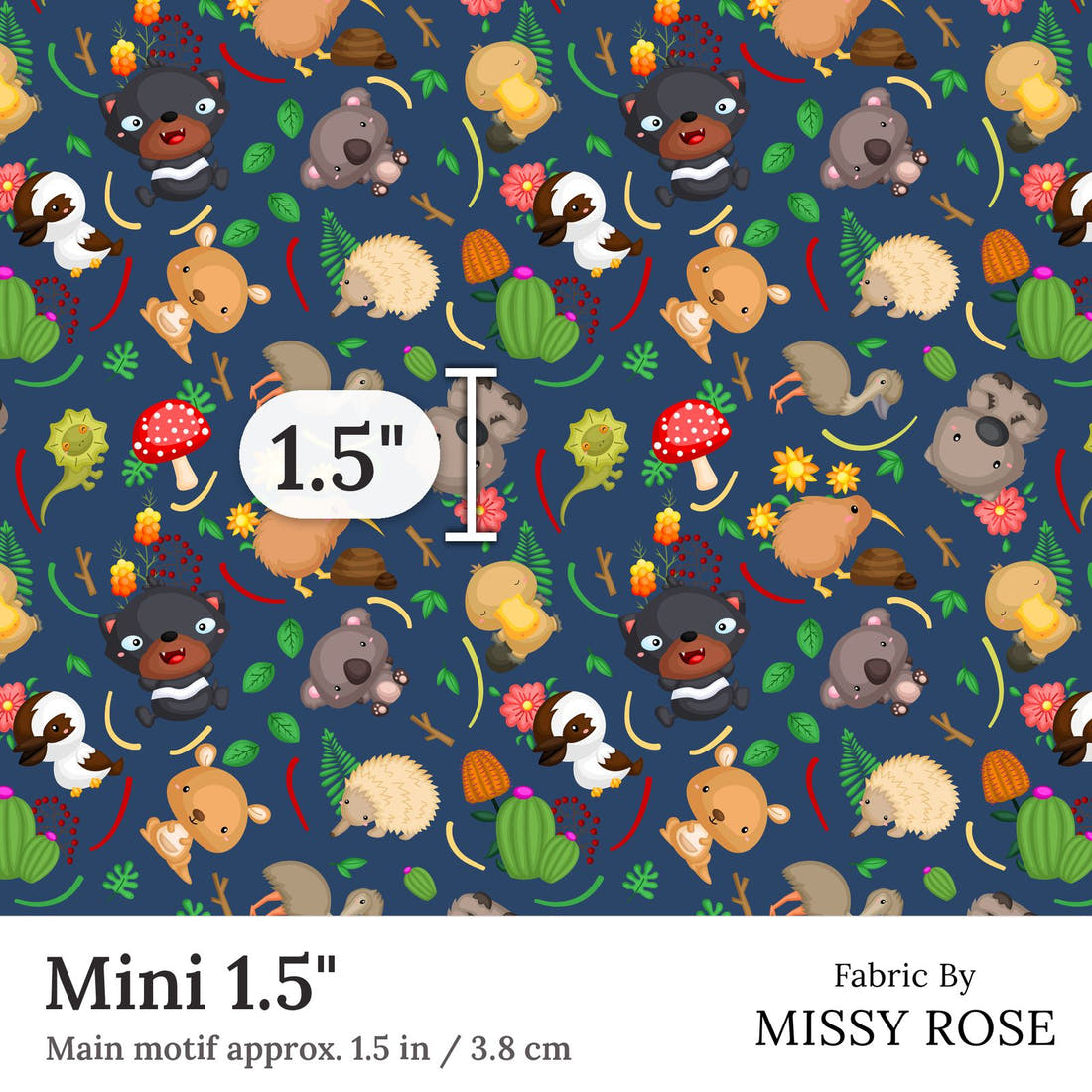 Design 320 Navy Australian Animals Fabric Mini 1.5 inch print scale guide | Fabric by Missy Rose