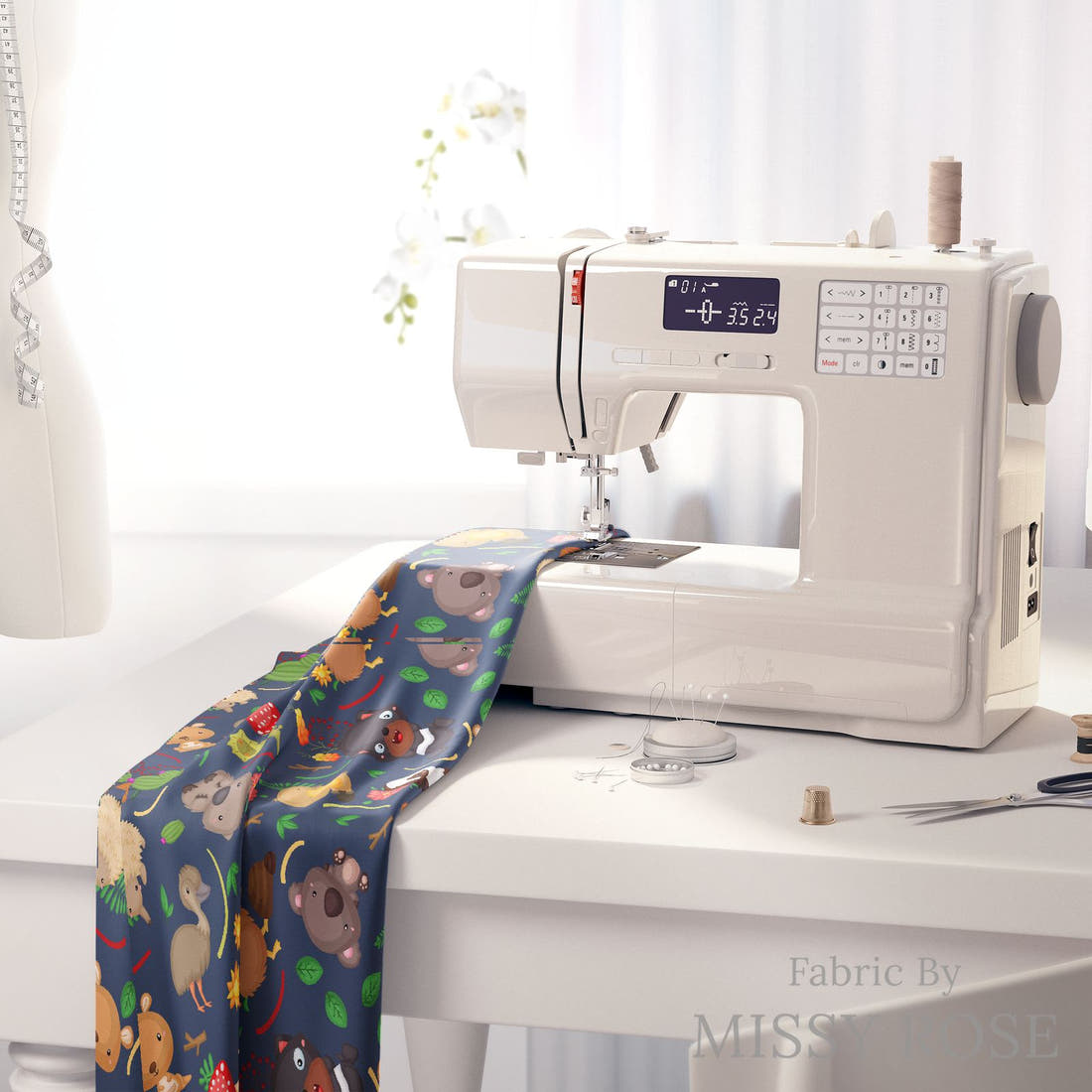 Design 320 Navy Australian Animals Fabric on a sewing machine – premium fabric for sewing projects | Fabric by Missy Rose