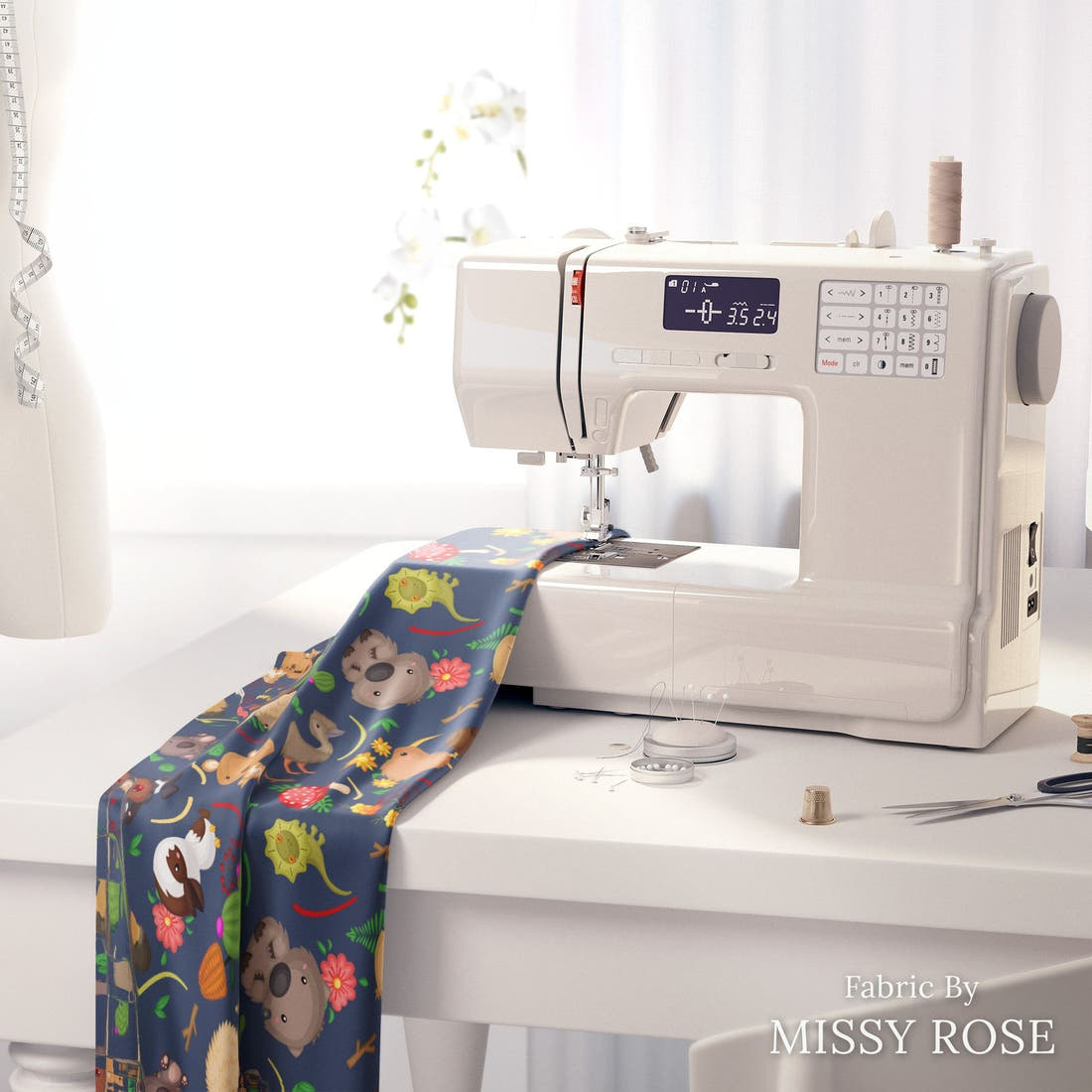 Design 320 Navy Australian Animals Fabric on a sewing machine – premium fabric for sewing projects | Fabric by Missy Rose