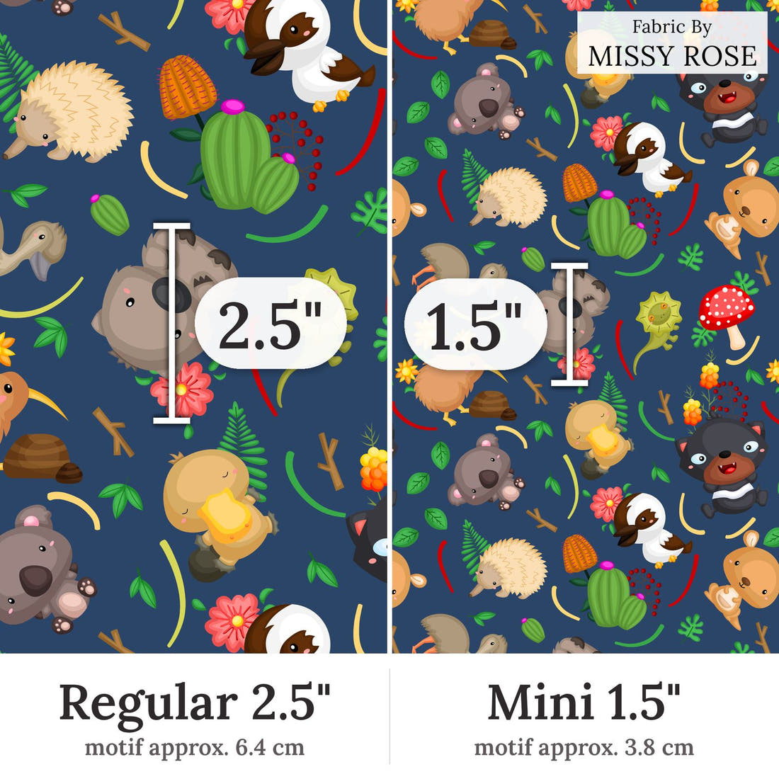 Design 320 Navy Australian Animals Fabric Regular 2.5 inch vs Mini 1.5 inch print scale side by side | Fabric by Missy Rose