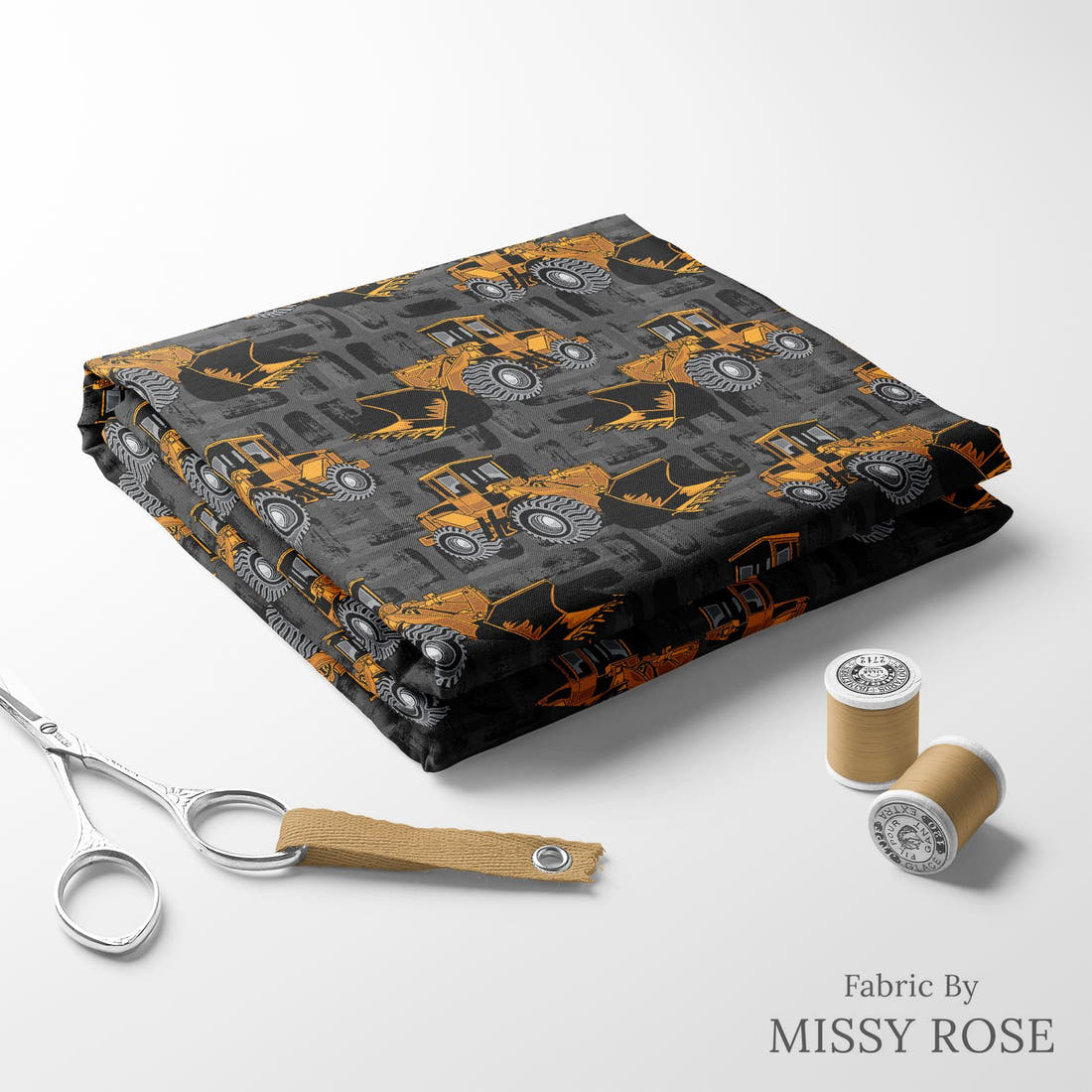 Design 321 Bulldozer Fabric folded fabric stack with matching thread – pre-order fabric Australia | Fabric by Missy Rose