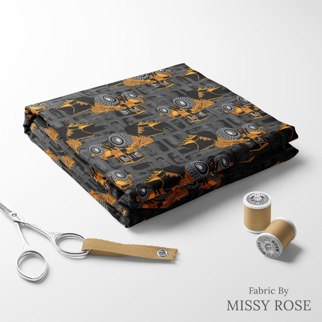 Design 321 Bulldozer Fabric folded fabric stack with matching thread – pre-order fabric Australia | Fabric by Missy Rose