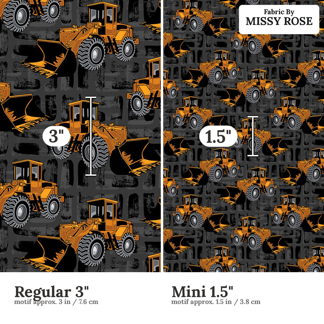 Design 321 Bulldozer Fabric size comparison - print scale | Fabric by Missy Rose