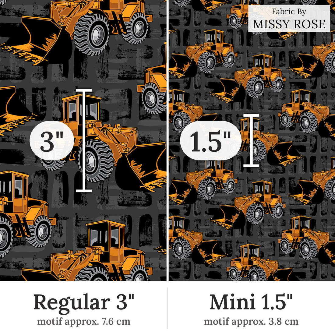Design 321 Bulldozer Fabric Regular 3 inch vs Mini 1.5 inch print scale side by side | Fabric by Missy Rose
