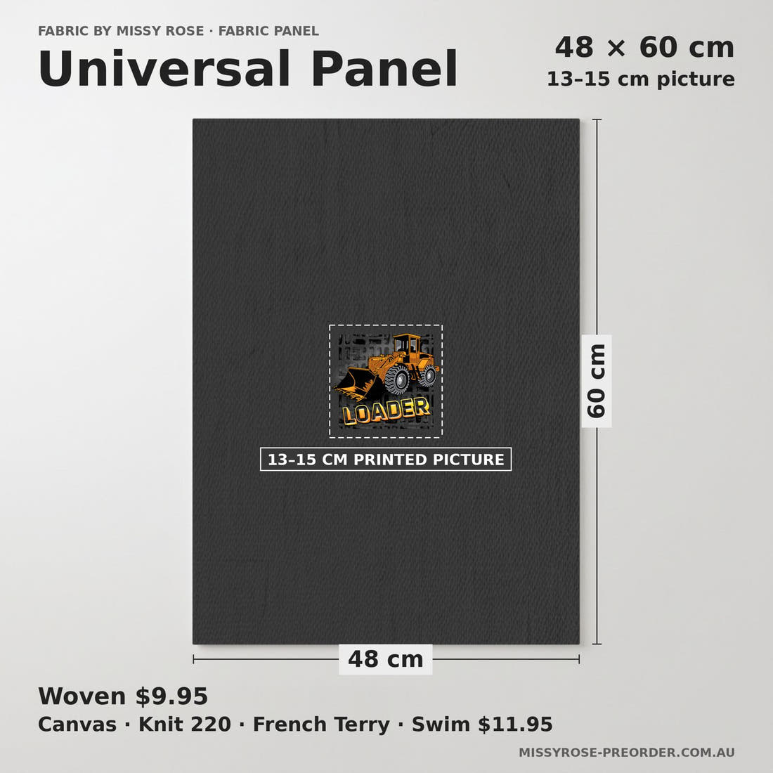 Design 321 Bulldozer Panel universal panel sizing – 13–15 cm printed picture on 48 × 60 cm fabric | Fabric by Missy Rose
