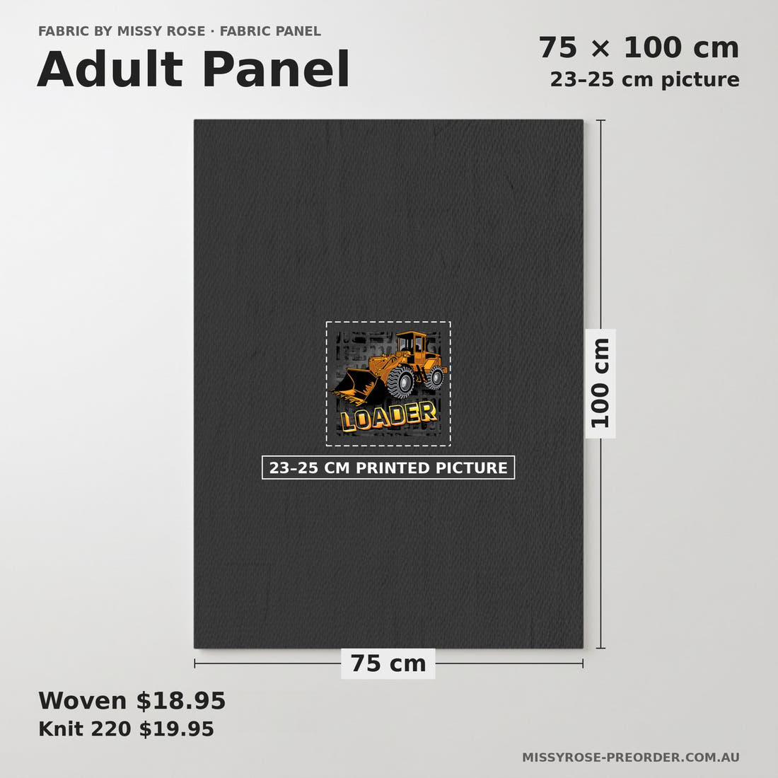 Design 321 Bulldozer Panel adult panel sizing – 23–25 cm printed picture on 75 × 100 cm fabric | Fabric by Missy Rose