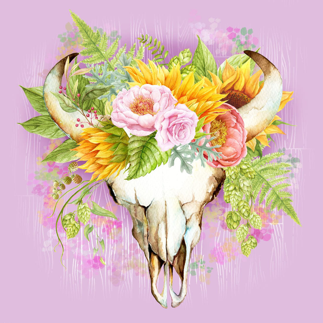 Design 322 Pink Sunflower Bull Skull Panel – full artwork close-up of the printed picture | Fabric by Missy Rose