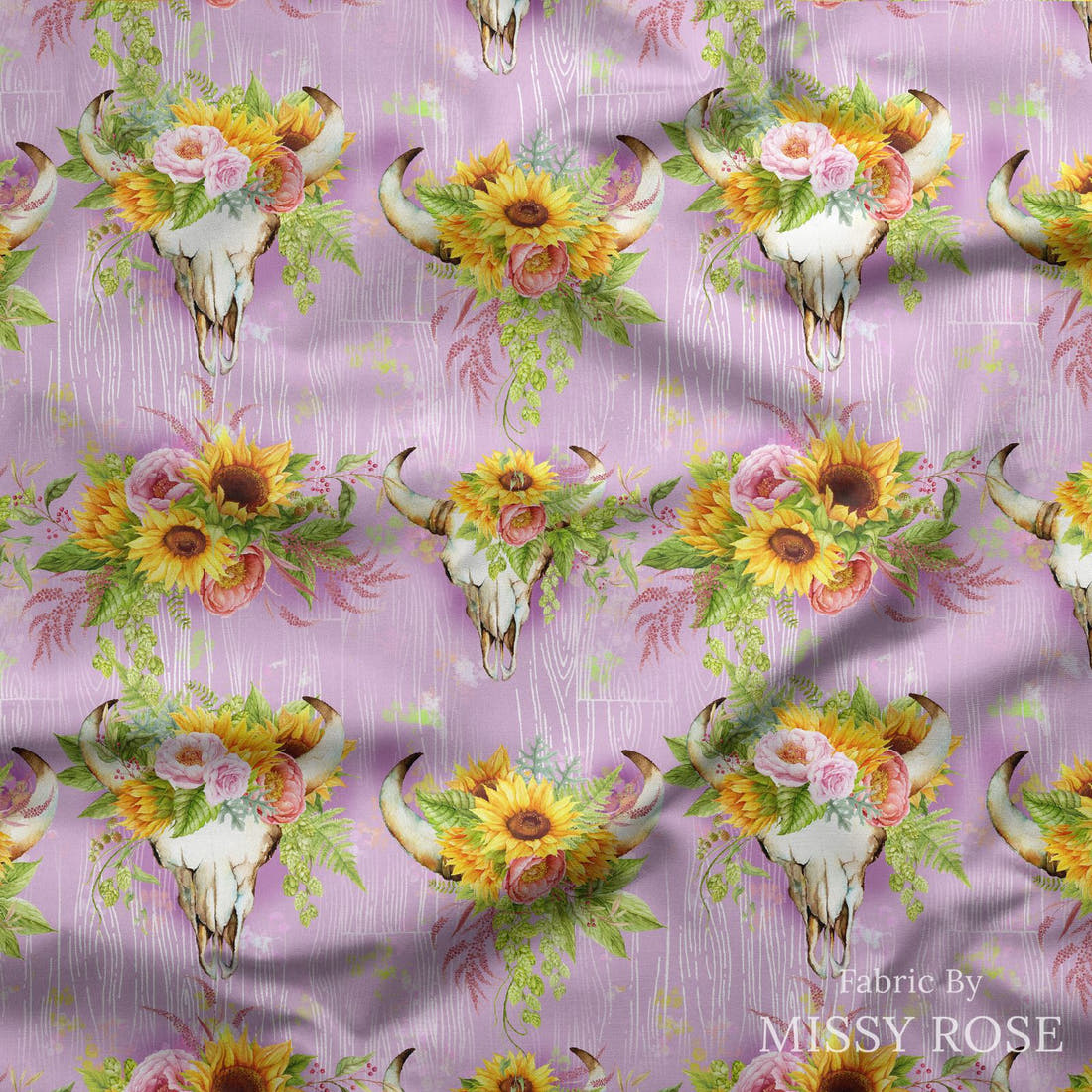 Design 322 Pink Sunflower Bullskull Fabric draped fabric mockup – custom printed fabric by the metre | Fabric by Missy Rose