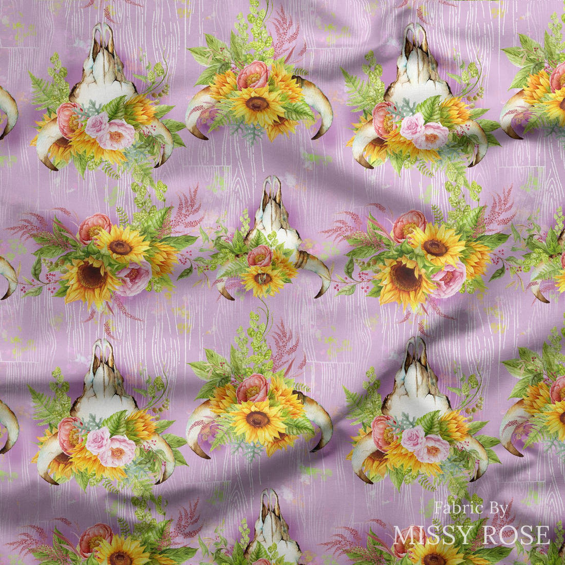 Design 322 Pink Sunflower Bullskull Fabric draped fabric mockup – custom printed fabric by the metre | Fabric by Missy Rose
