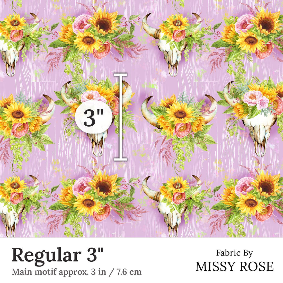 Design 322 Pink Sunflower Bullskull Fabric Regular 3 inch print scale guide | Fabric by Missy Rose