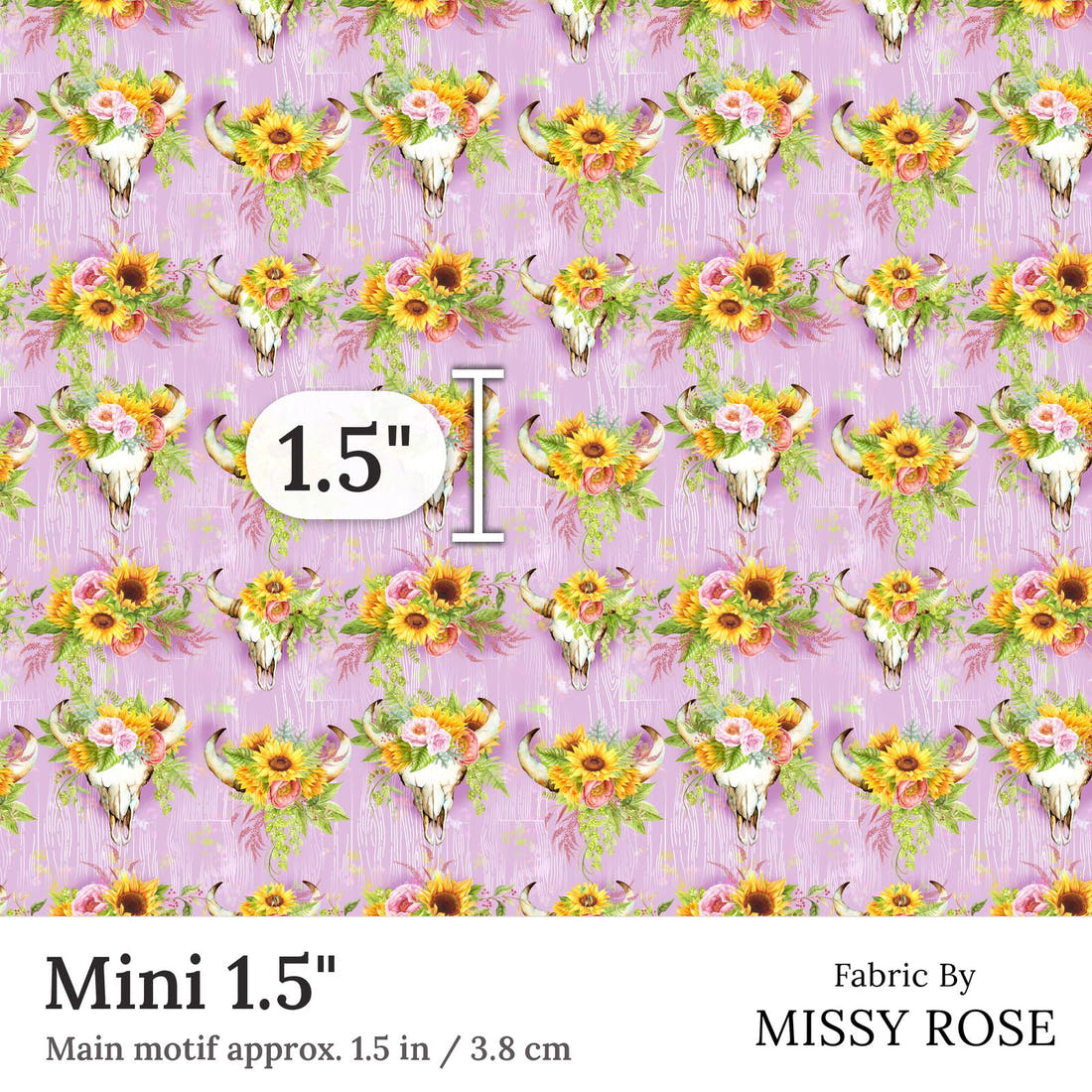 Design 322 Pink Sunflower Bullskull Fabric Mini 1.5 inch print scale guide | Fabric by Missy Rose