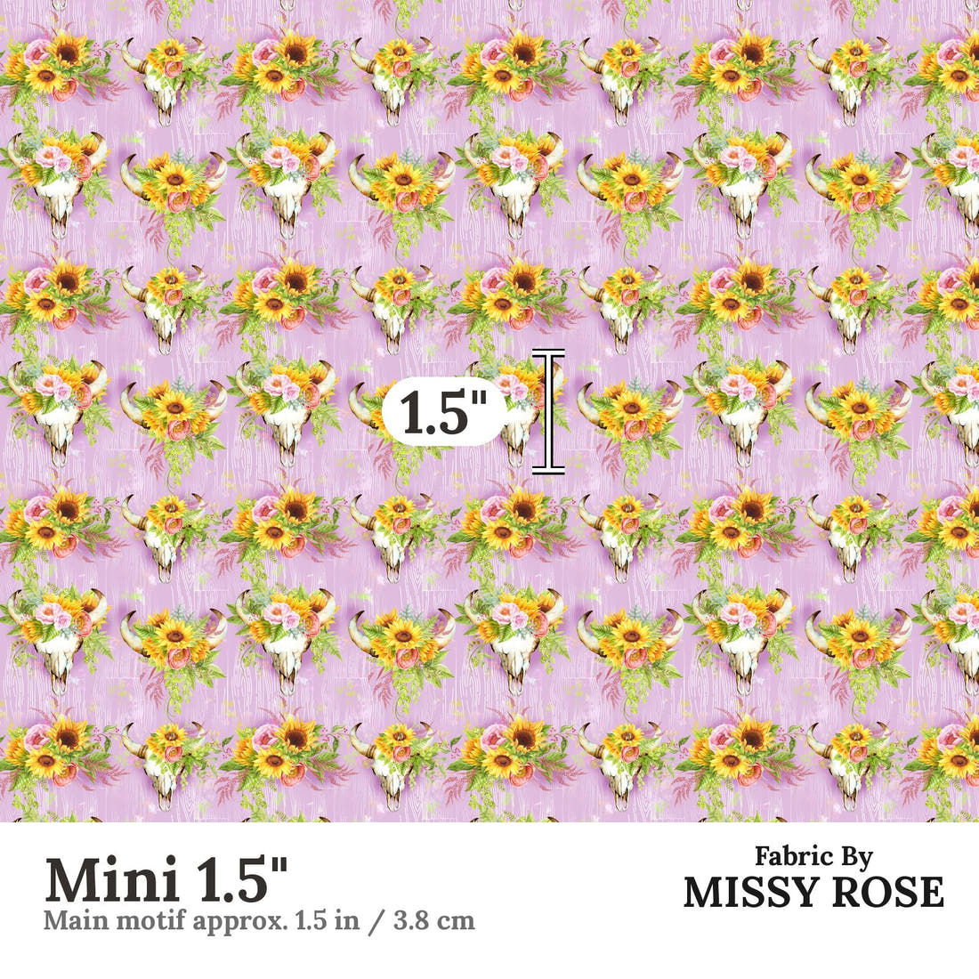 Design 322 Pink Sunflower Bull Skull Fabric Mini 1.5" - print scale | Fabric by Missy Rose