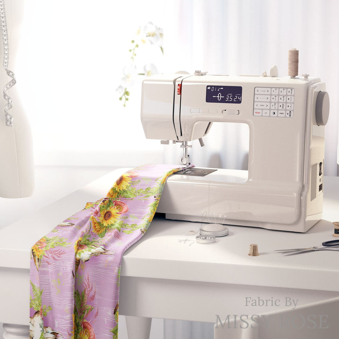 Design 322 Pink Sunflower Bullskull Fabric on a sewing machine – premium fabric for sewing projects | Fabric by Missy Rose