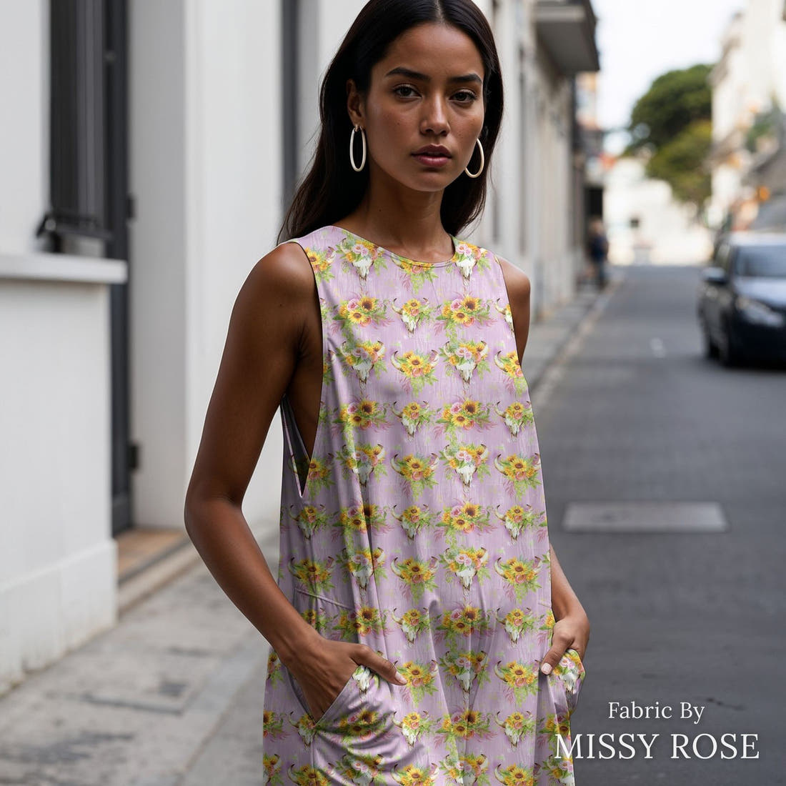 Design 322 Pink Sunflower Bullskull Fabric sewn into a women's jumpsuit – see how the print looks made up | Fabric by Missy Rose