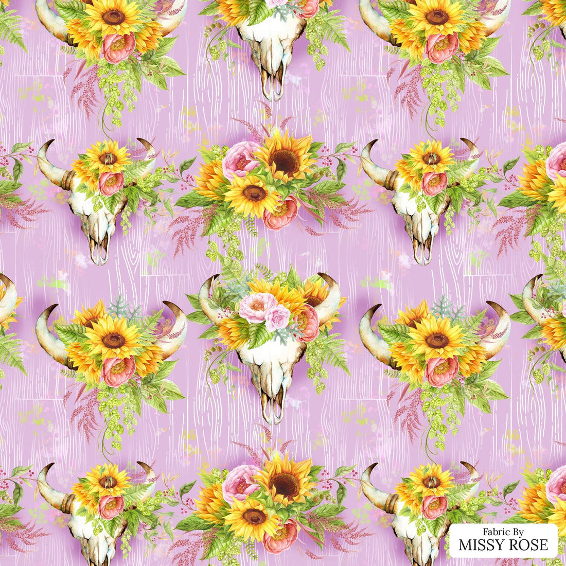 Design 322 Pink Sunflower Bull Skull Fabric - flat view of the print, zoom in for detail | Fabric by Missy Rose