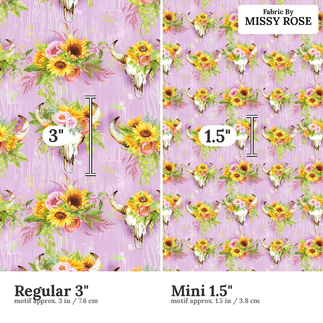Design 322 Pink Sunflower Bull Skull Fabric size comparison - print scale | Fabric by Missy Rose