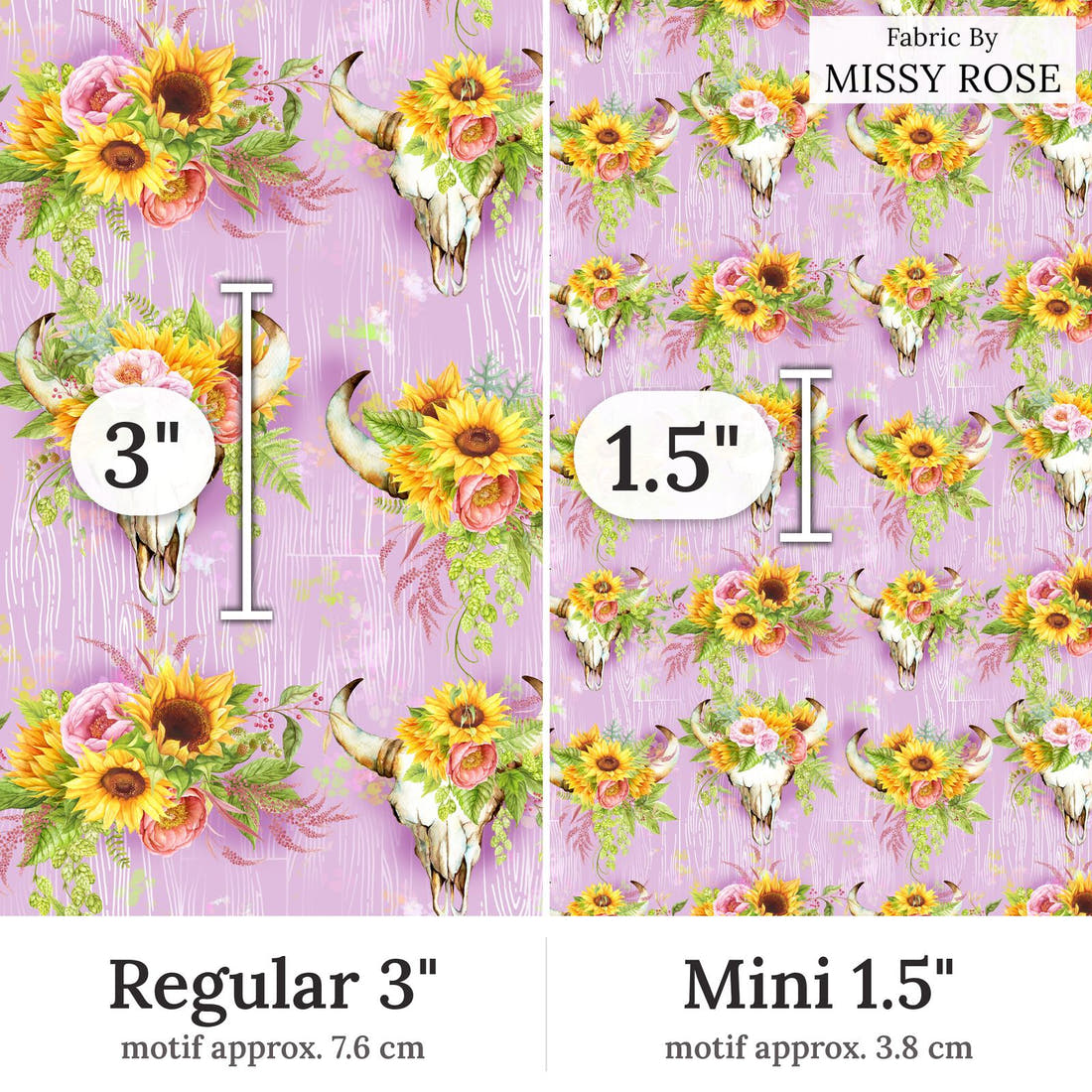 Design 322 Pink Sunflower Bullskull Fabric Regular 3 inch vs Mini 1.5 inch print scale side by side | Fabric by Missy Rose