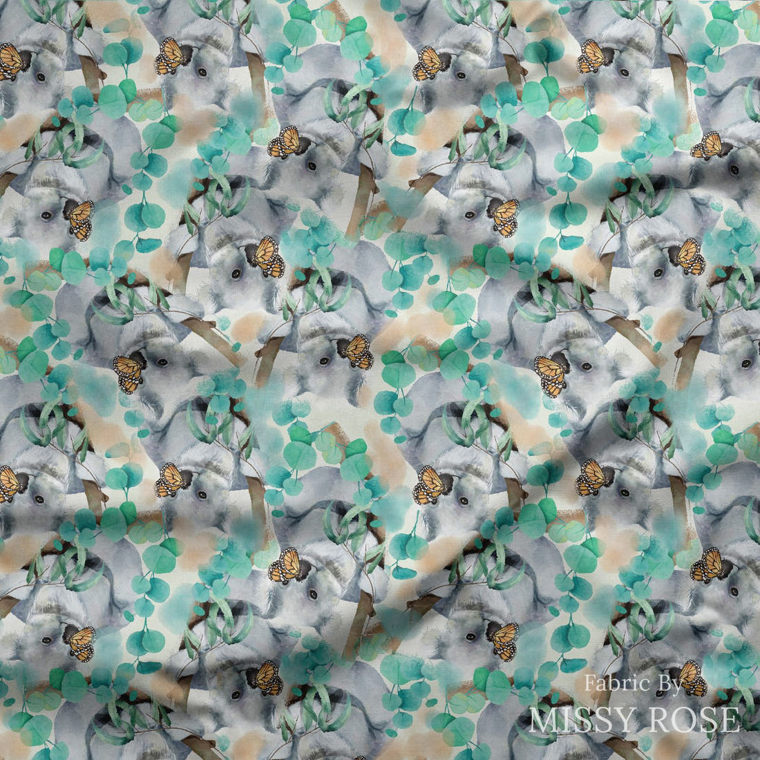 Design 323 Butterfly Koala Fabric draped fabric mockup – custom printed fabric by the metre | Fabric by Missy Rose