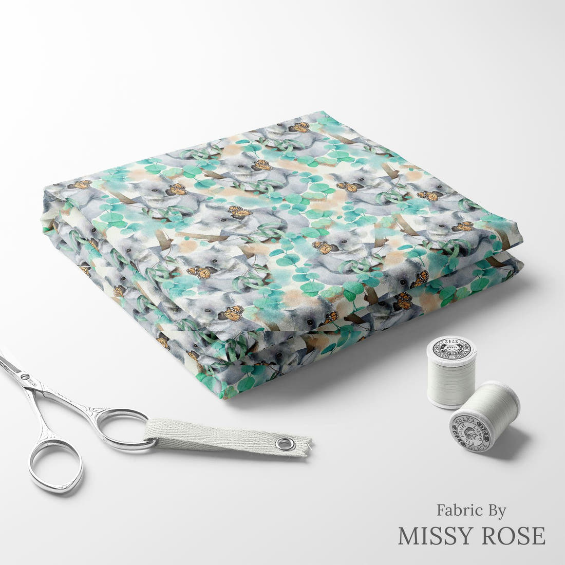 Design 323 Butterfly Koala Fabric folded fabric stack with matching thread – pre-order fabric Australia | Fabric by Missy Rose