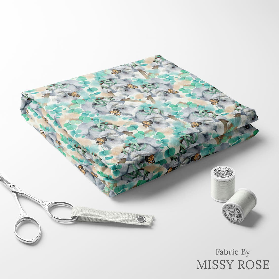 Design 323 Butterfly Koala Fabric folded fabric stack with matching thread – pre-order fabric Australia | Fabric by Missy Rose