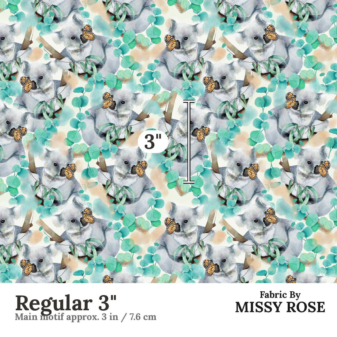 Design 323 Butterfly Koala Fabric Regular 3" - print scale | Fabric by Missy Rose